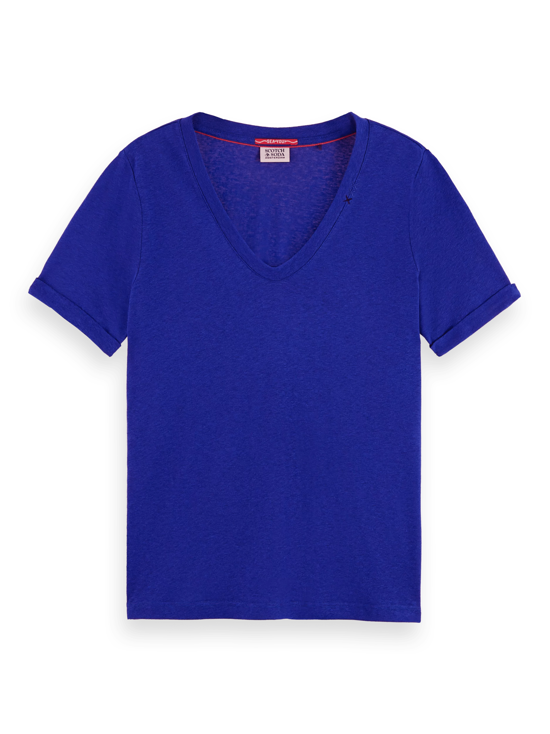 Scotch & Soda Embroidered linen-blended V-neck T-shirt FNT