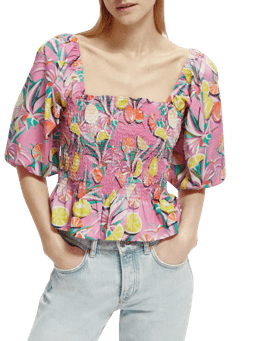 Scotch & Soda Cotton In Conversion smocked puff sleeve top NHD-CRP