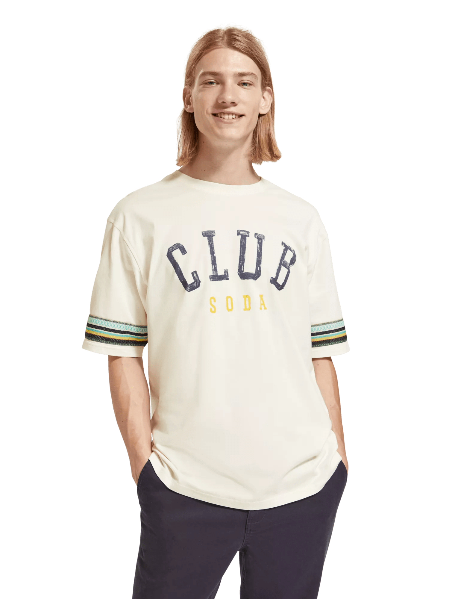 Relaxed fit club soda applique T-shirt in Organic Cotton