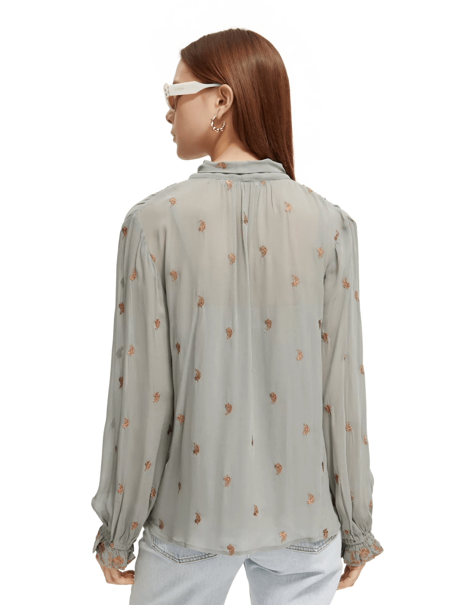Embroidered neck-tie blouse