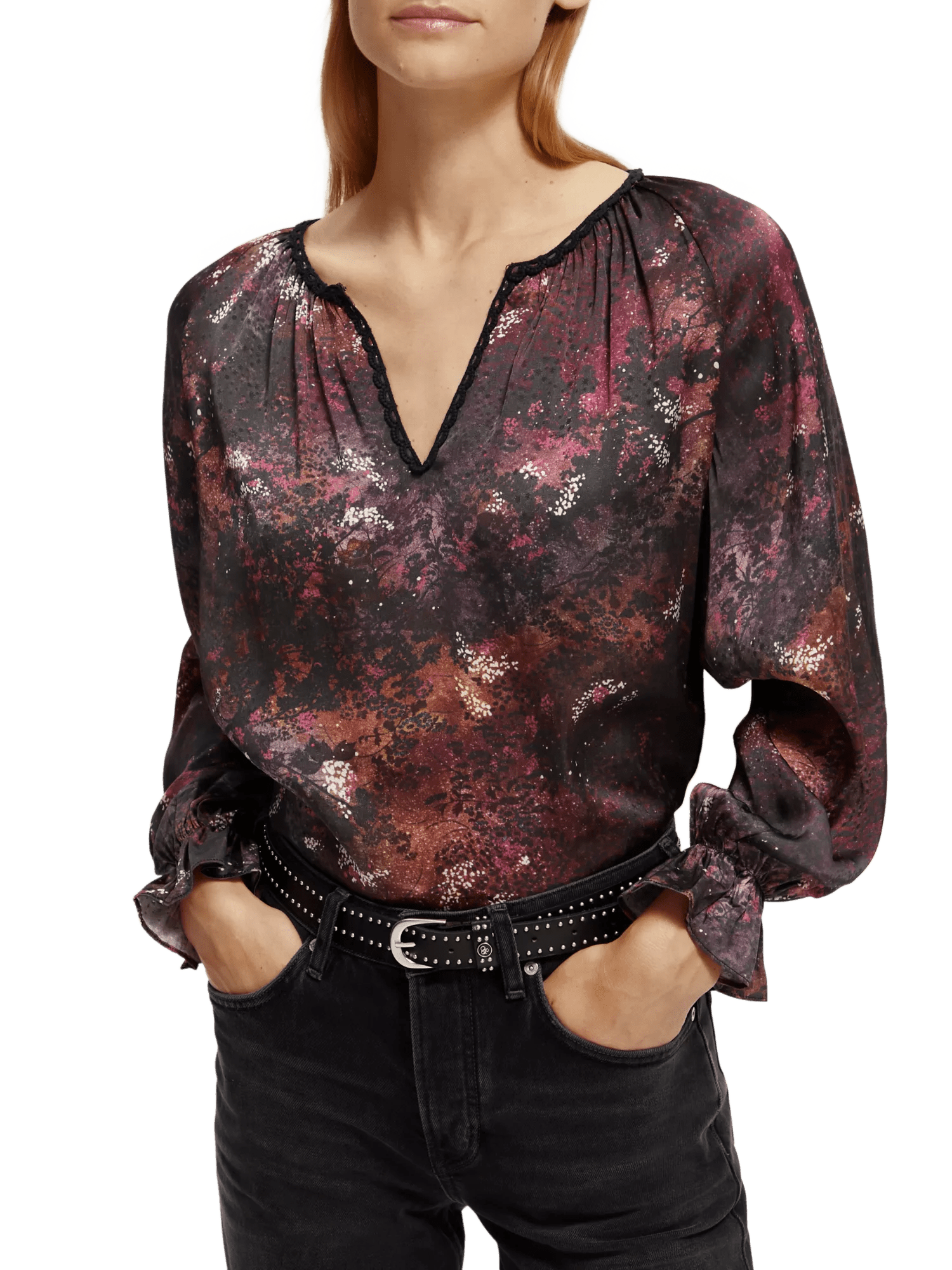Scotch & Soda Long-sleeved printed crochet-trimmed blouse NHD-CRP