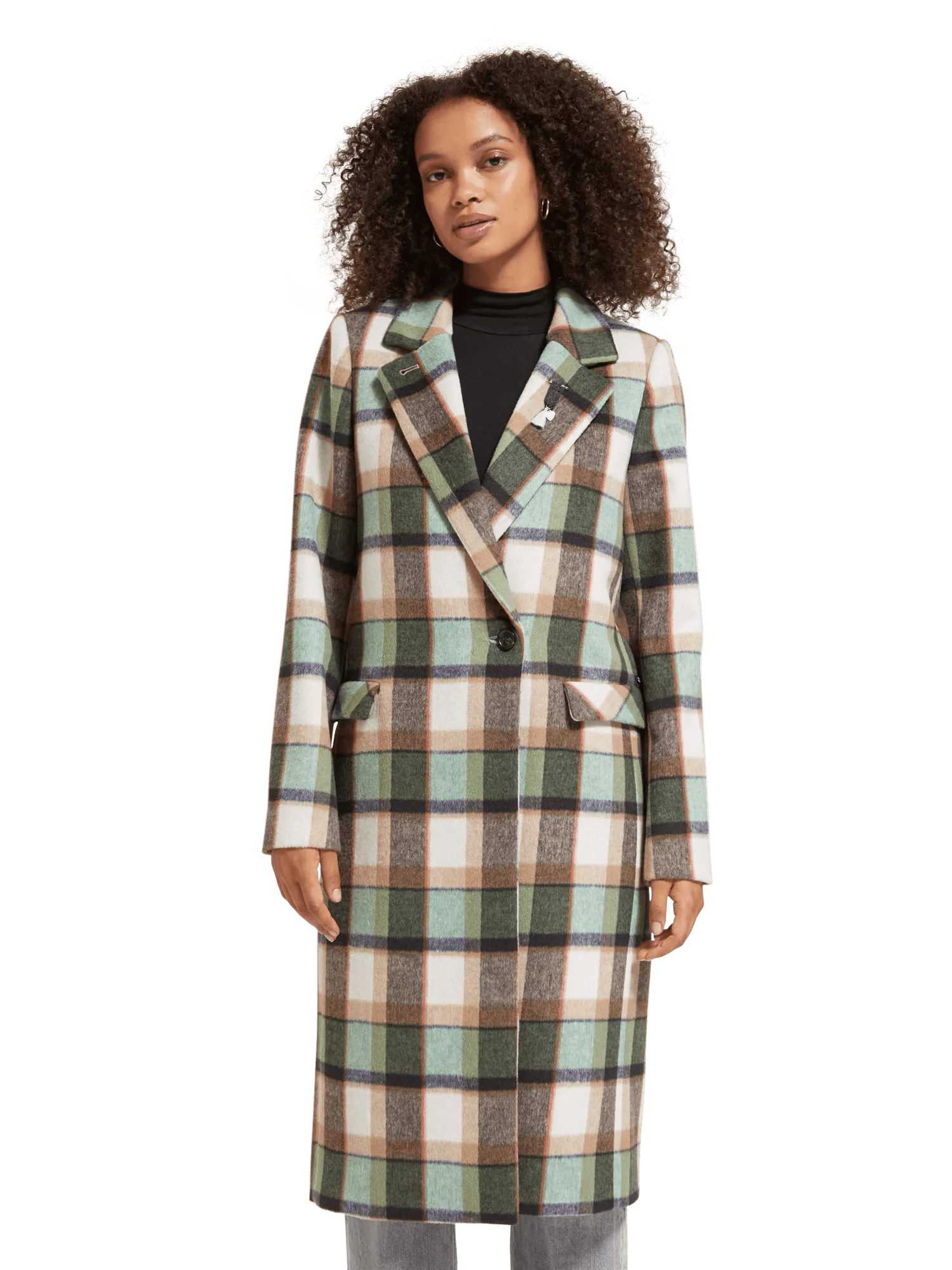 Single-breasted wool-blended checked coat